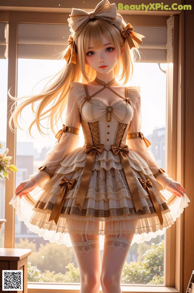 A girl in a dress standing in front of a window.