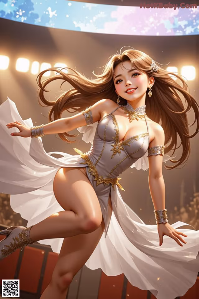A woman in a white dress dancing on a stage.