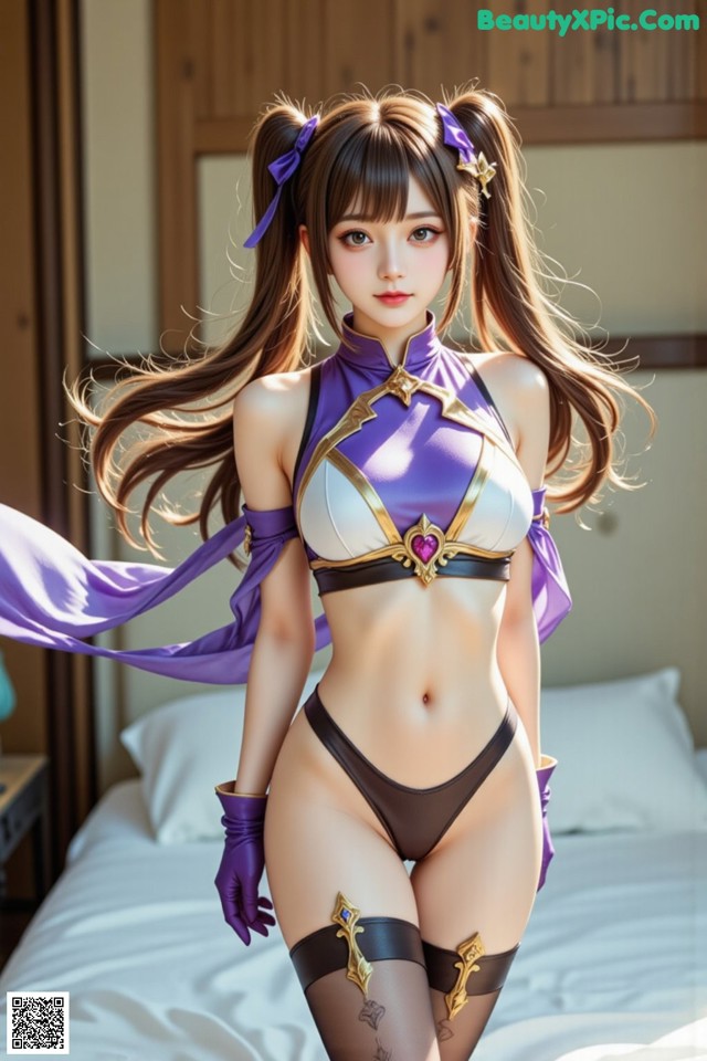 A woman in a purple and white outfit on a bed.