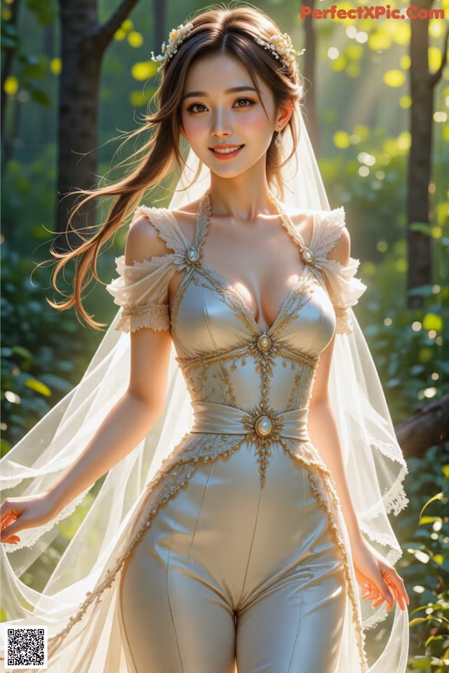 a woman in a wedding dress standing in the woods