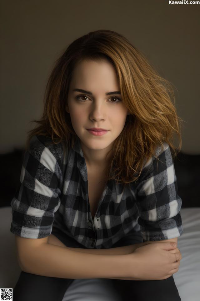 A woman sitting on a bed with her arms crossed.