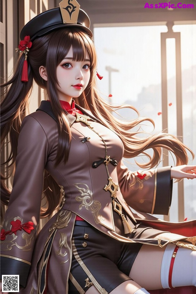 A woman in a chinese dress sitting on a window sill.